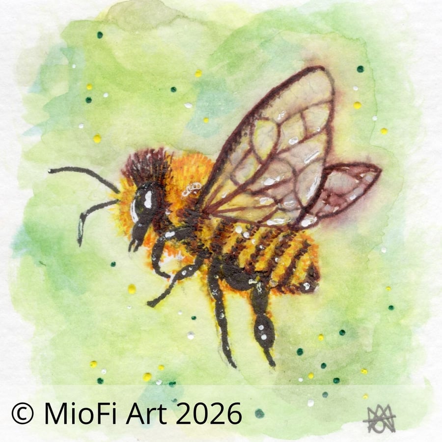 Green Bee, Mixed-Media Square Print, Size Small (other size available)
