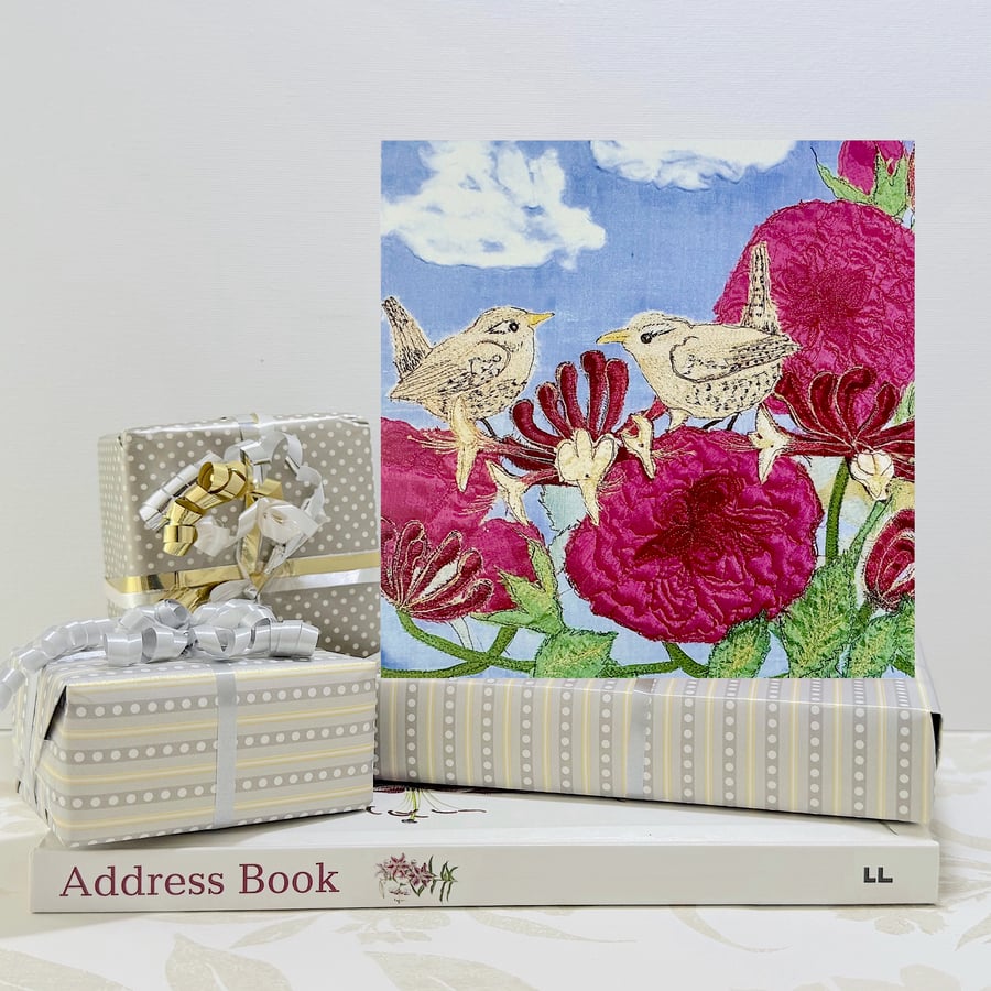 Floral Birthday card - roses and wrens British birds flower nature