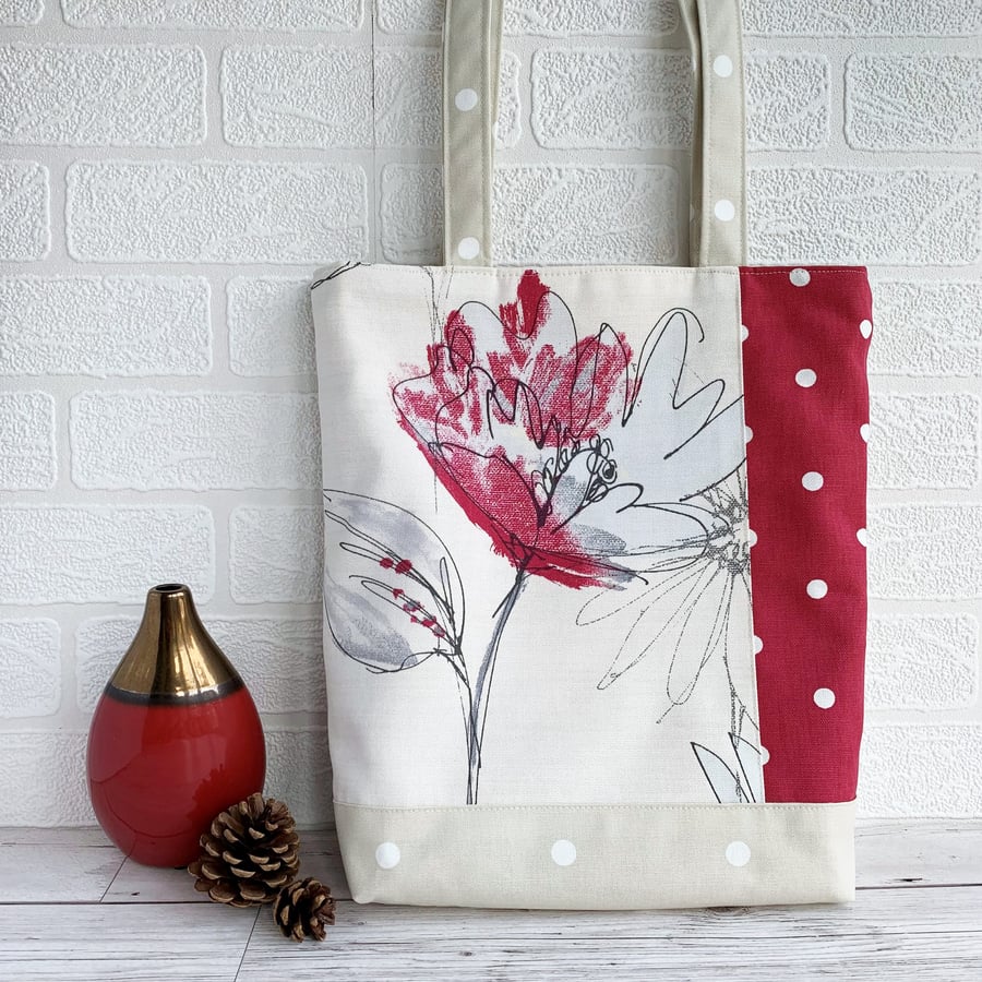 Polka Dot Tote Bag with Red Flower