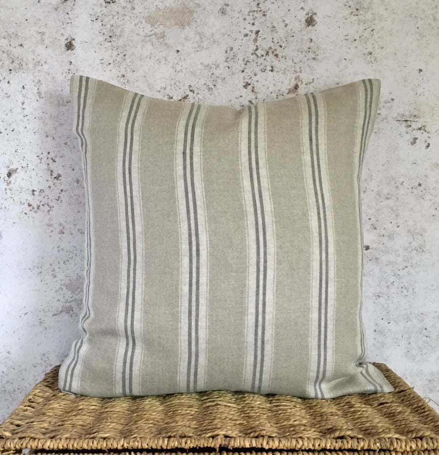 Beige Linen Cushion Cover with Ash Grey Stripes 18” x 18”