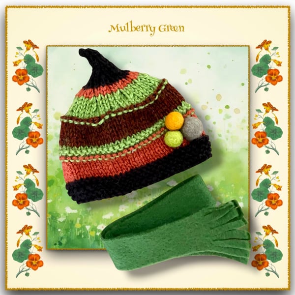 Orange and Green Hat and Scarf Set