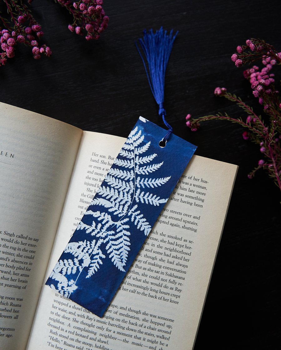 bookmark "Fern IV", original cyanotype on fine watercolour paper & blue tassel
