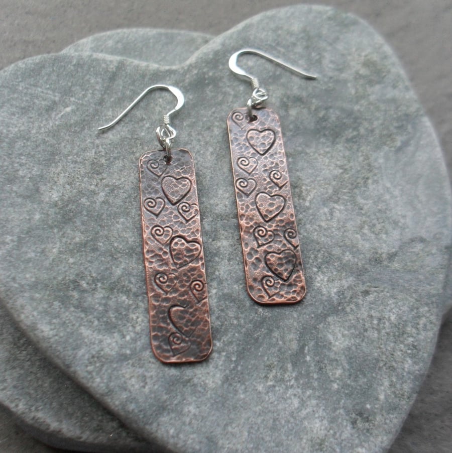 Oxidised Copper Dangle Earrings Heart Detail Sterling Silver 