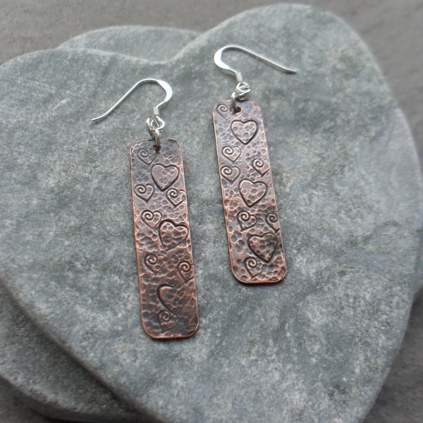 Oxidised Copper Dangle Earrings Heart Detail Sterling Silver 