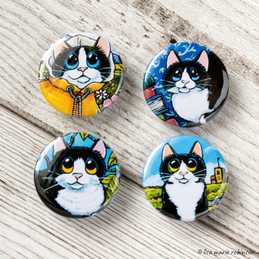 Assorted Tuxedo Cats 25mm Button Badges - 4 Pack