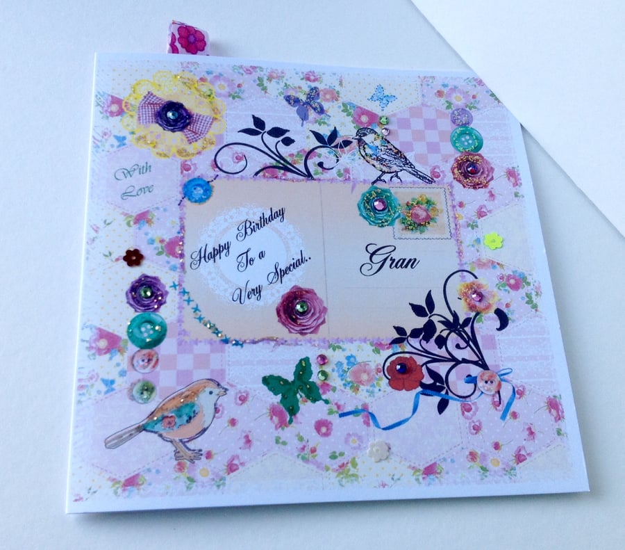 Birthday Card Gran,Printed Patchwork,Handmade,Handfinished,Personalised