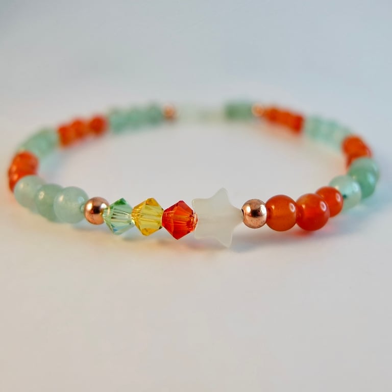 Green Aventurine & Carnelian Bracelet With Stars & Crystals - Handmade In Devon