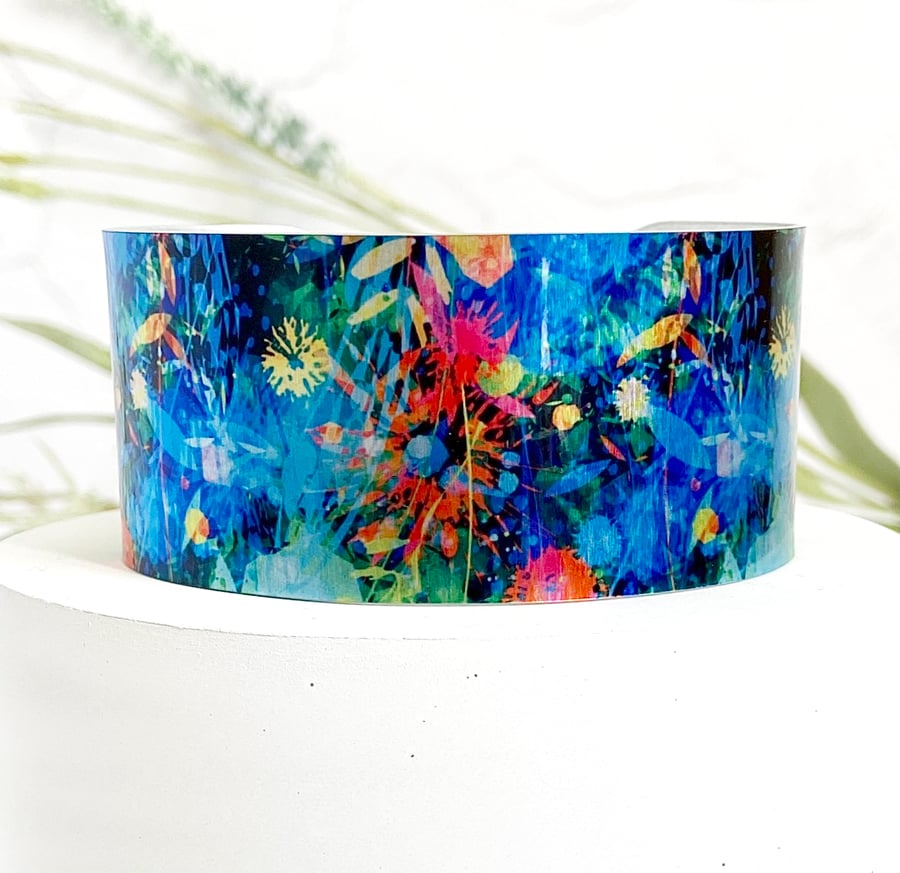 Floral abstract wide cuff bracelet, wide metal bangle. Can be personalised. (504