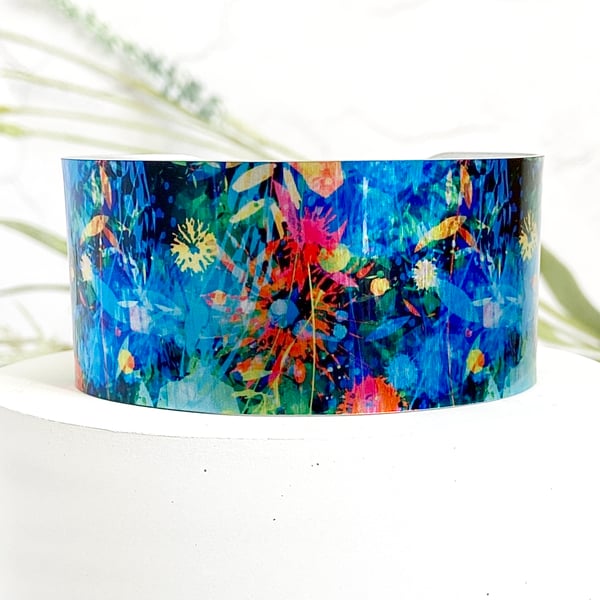 Floral abstract wide cuff bracelet, wide metal bangle. Can be personalised. (504