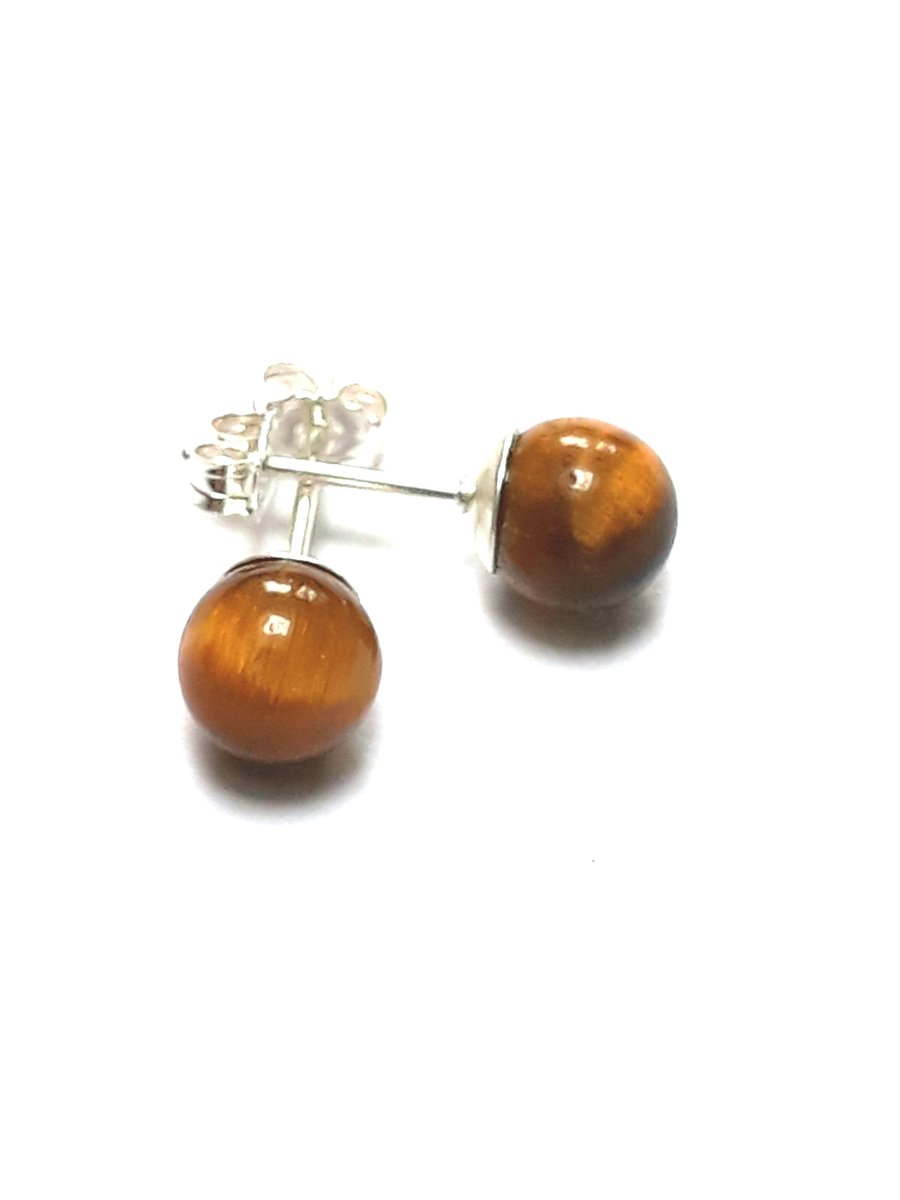 Tiger's Eye Sterling Silver Stud Earrings, 6mm Round Semi Precious Ear Studs