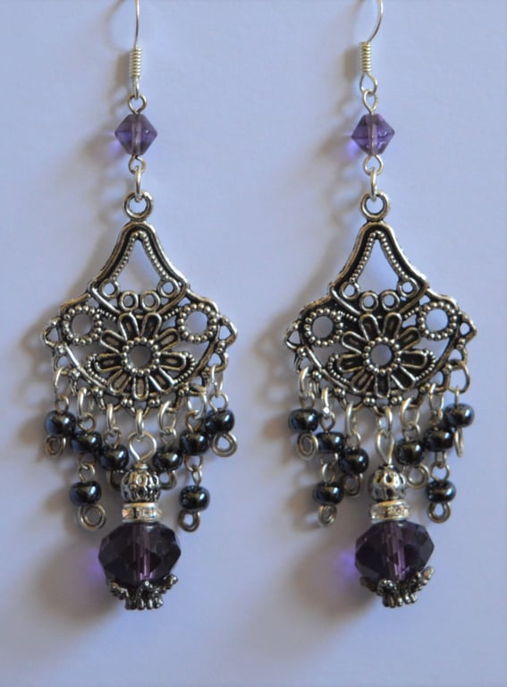 Boho Style Silver Plated Purple Drop Chandelier Earrings