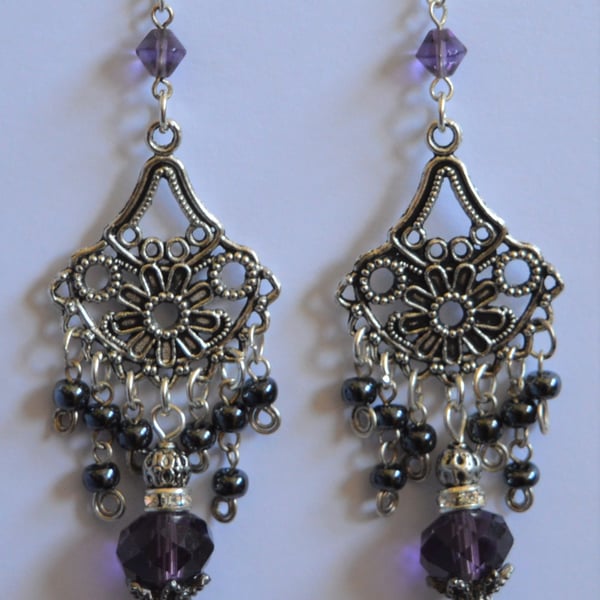 Boho Style Silver Plated Purple Drop Chandelier Earrings