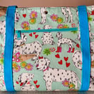 Handmade fully lined pale green damatians cotton tote bag with pockets
