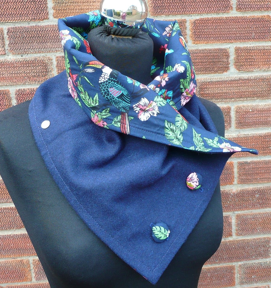 Navy neck warmer, scarf, navy blue wool tweed scarf with button fastener detail