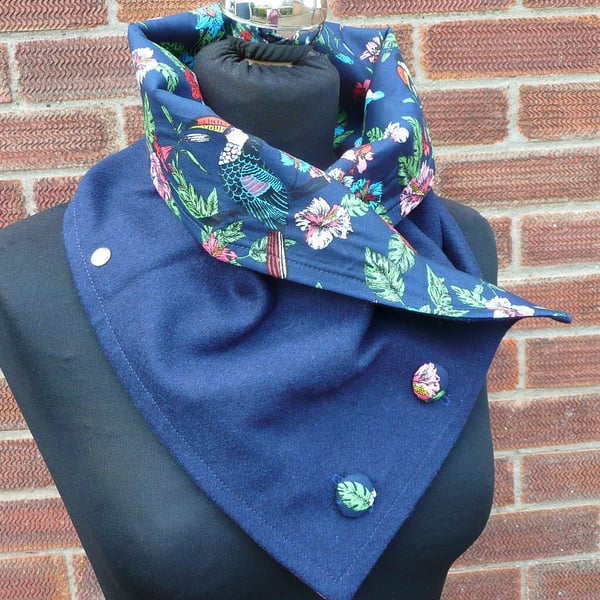 Navy neck warmer, scarf, navy blue wool tweed scarf with button fastener detail