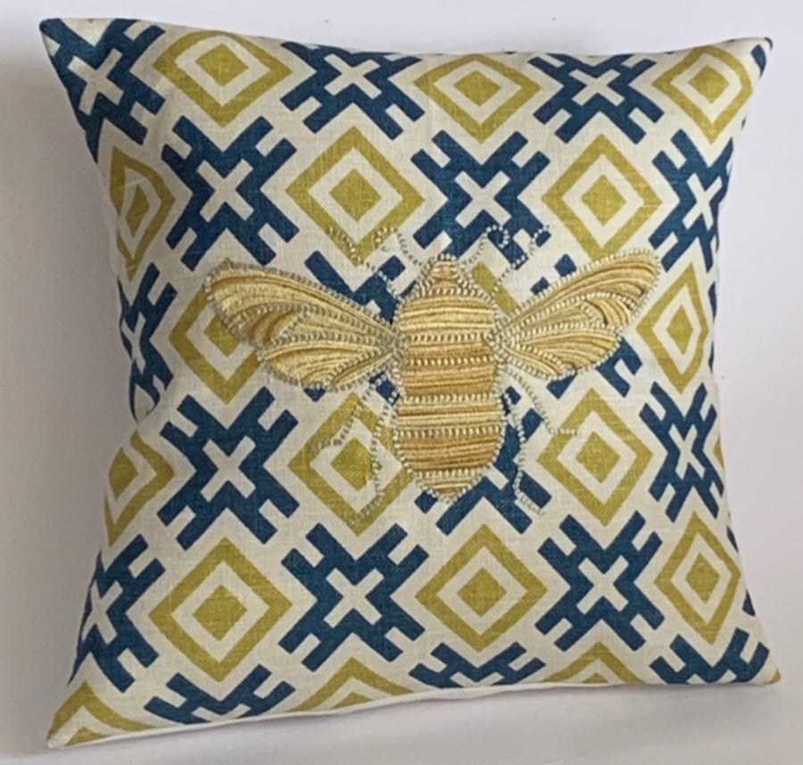 Gold Ornate Winged Bee Embroidered Cushion Cover 12”x12”Last One
