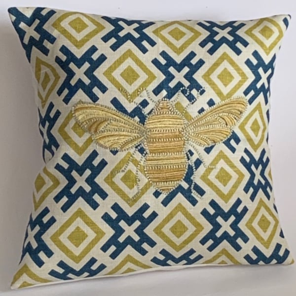 Gold Ornate Winged Bee Embroidered Cushion Cover 12”x12”Last One