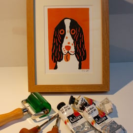 CUTE SPANIEL DOG LINOPRINTS-LIMITED EDITION-wood effect frame