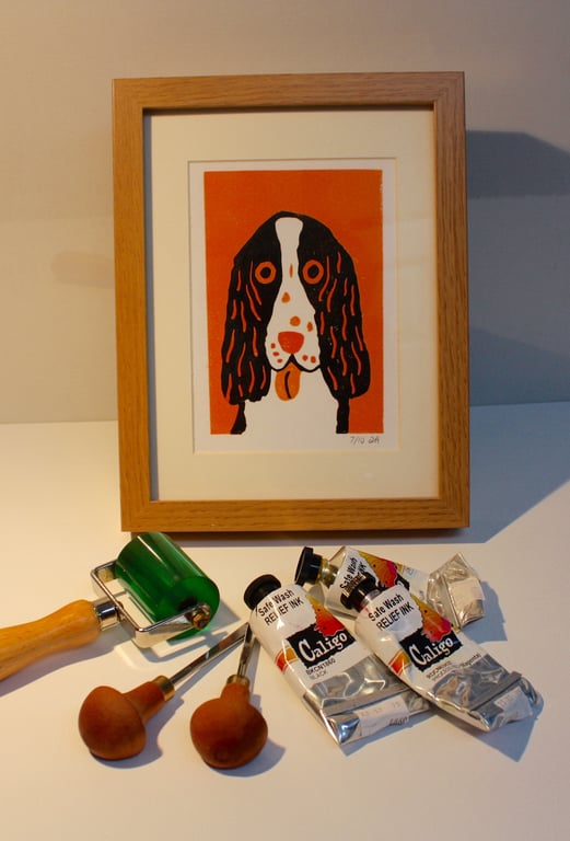 CUTE SPANIEL DOG LINOPRINTS-LIMITED EDITION-wood effect frame
