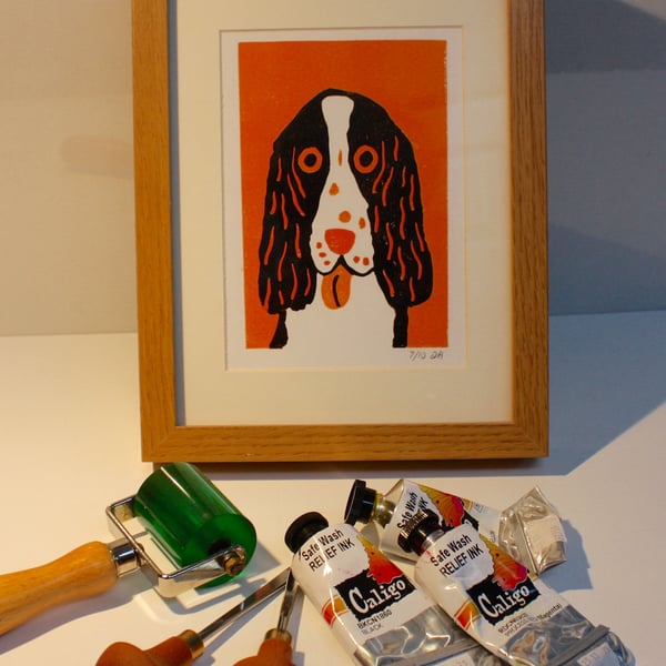 CUTE SPANIEL DOG LINOPRINTS-LIMITED EDITION-wood effect frame