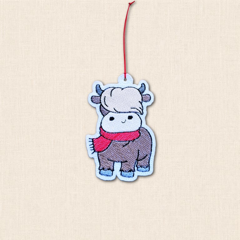 Festive Scarf Highland Cow Decoration - Embroidered Felt Ornament