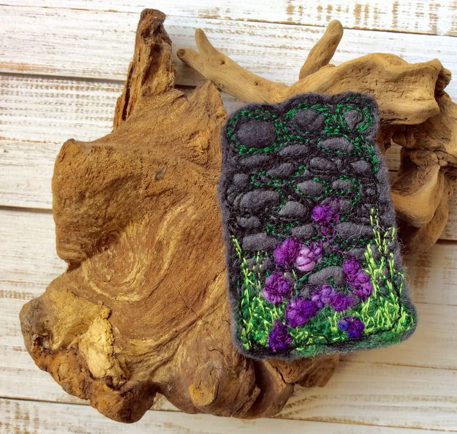 Dry stone wall and hedgerow embroidered brooch.