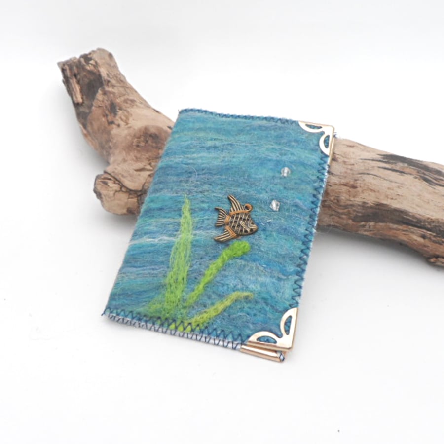 Card Wallet, Bus Pass Holder, felted with fish design
