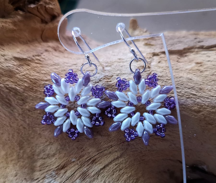 Snowflake purple and white earrings