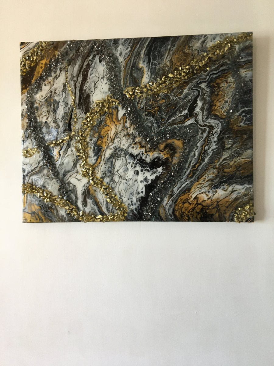 SALE. Original ,fluid art painting in gold, black, white, grey 