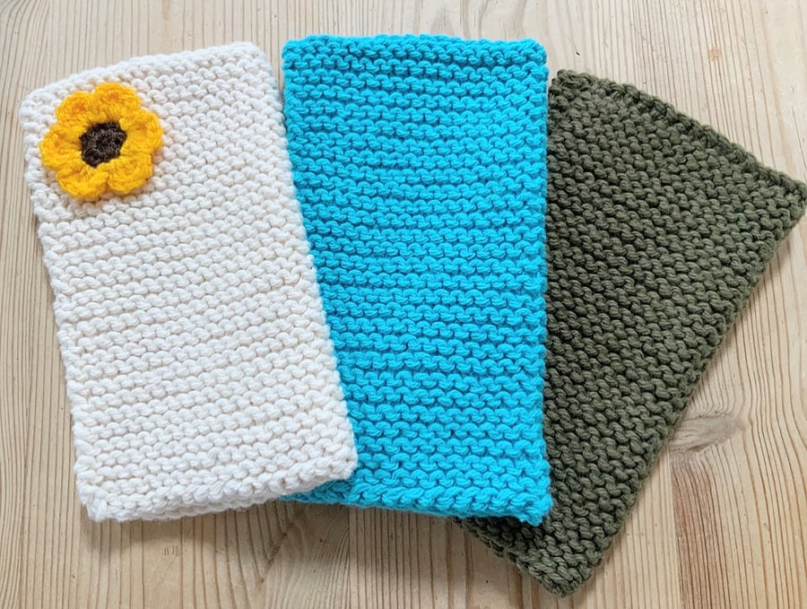 3 Reusable Cotton Cloths. Hand Knitted Cloth. Washcloth. Facecloth. Flannel.