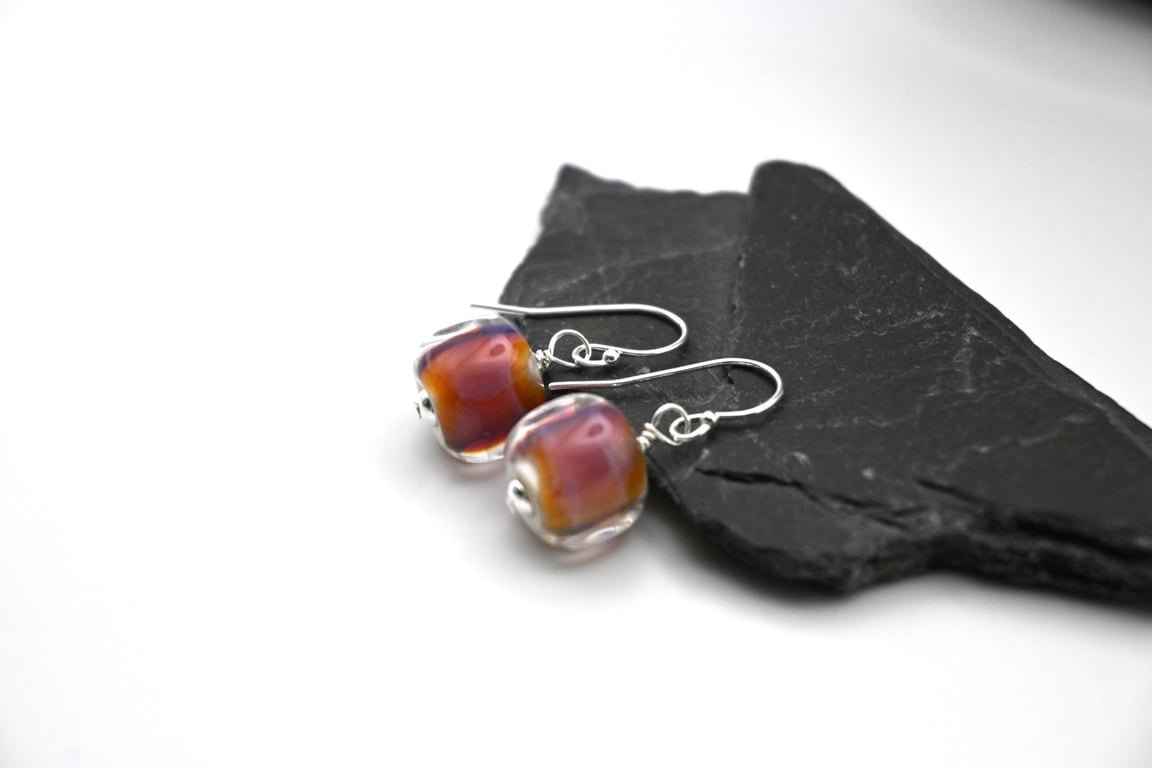 lampwork glass dark topaz nugget earrings