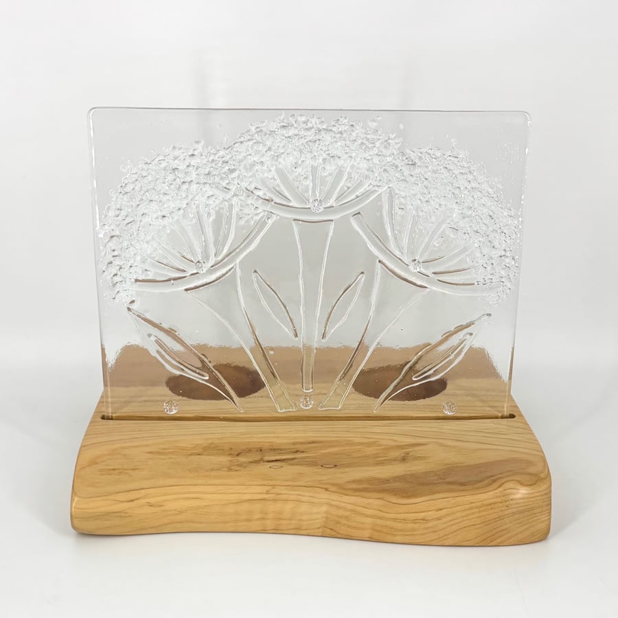 Iridescent Fused Glass Floral Panel set in a piece Hand Crafted Wood