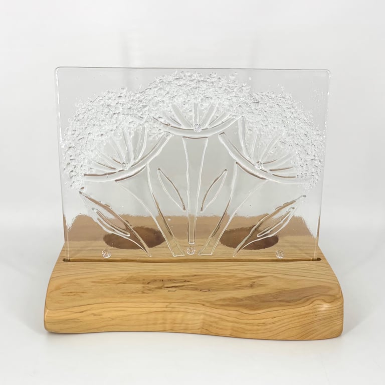 Iridescent Fused Glass Floral Panel set in a piece Hand Crafted Wood