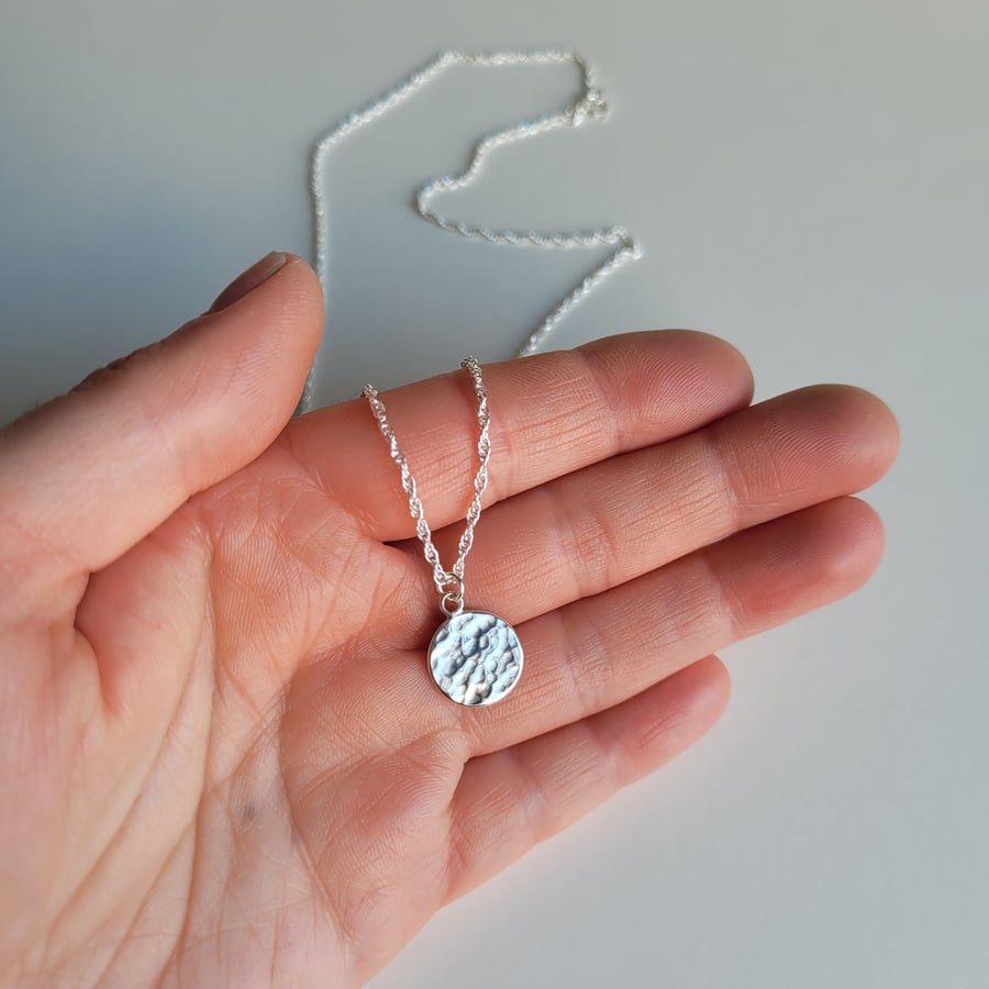 Hammered Circle Necklace, Sterling Silver Disc Pendant, Rope Chain