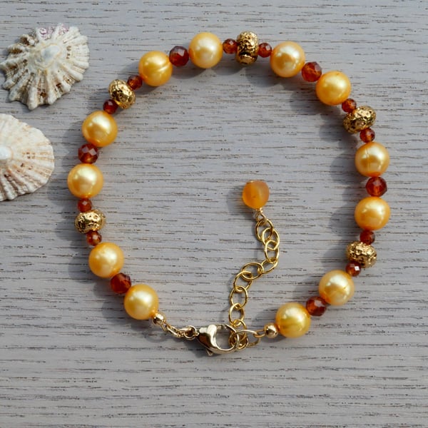 Yellow Pearl Garnet and Lavastone Bracelet with adjustable 14k Gold Filled Clasp