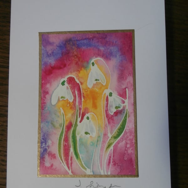 Hand painted Snowdrops watercolour card. Mother's day card, Birthday card.