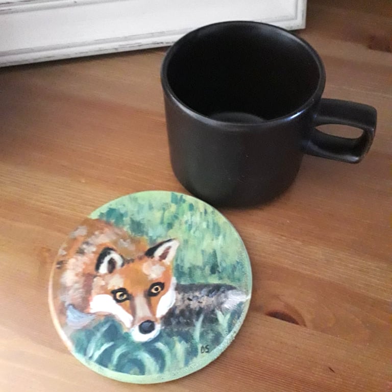 Wooden Coaster handpainted with a Red Fox
