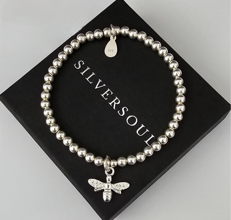Sterling Silver Bee Charm Stretch Bracelet, 925