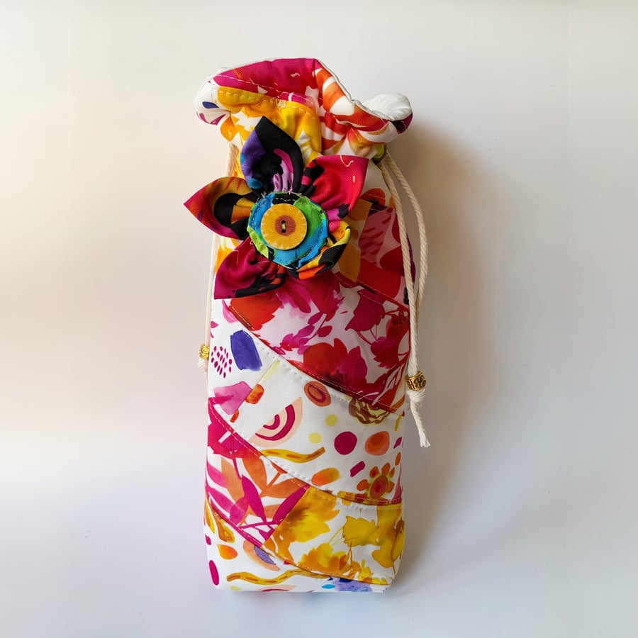 Handmade Quilted Wine Bottle Bag with Fabric Flower Embellishment