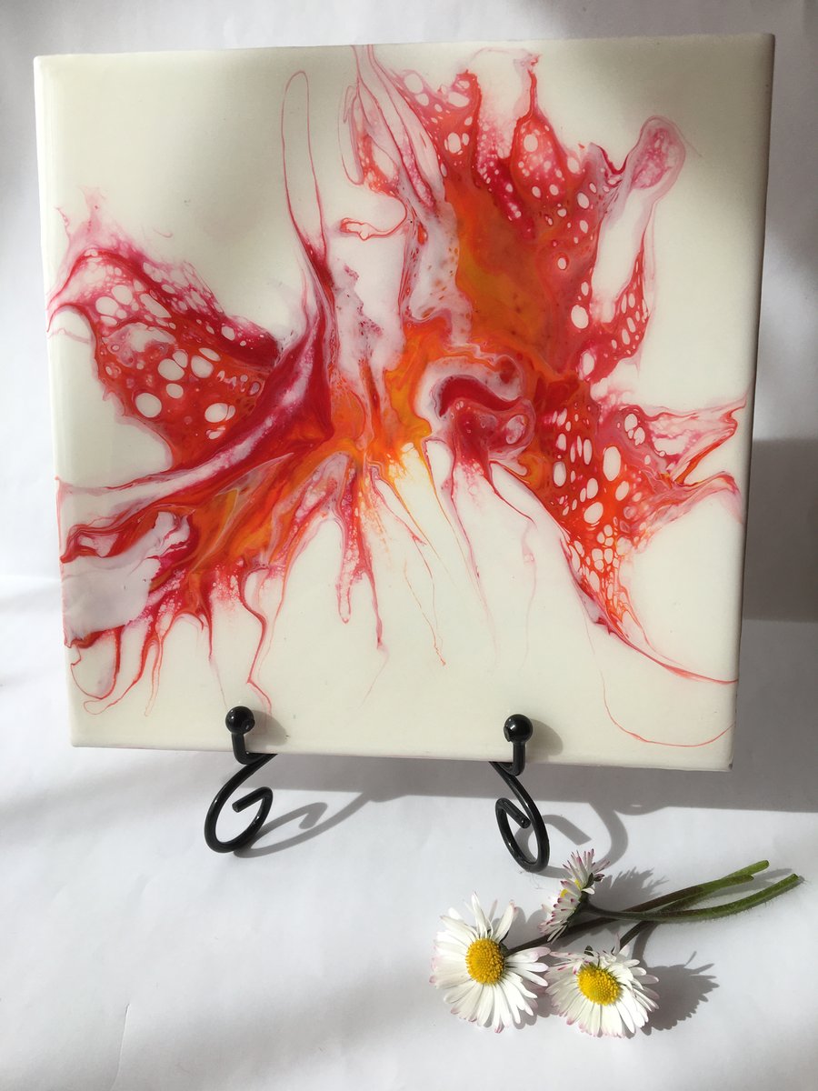  Fluid art ,6”x6”ceramic tile, trivet, decoration, red abstract flower 