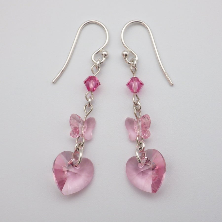 Pink Swarovski heart drop earrings with butterflies