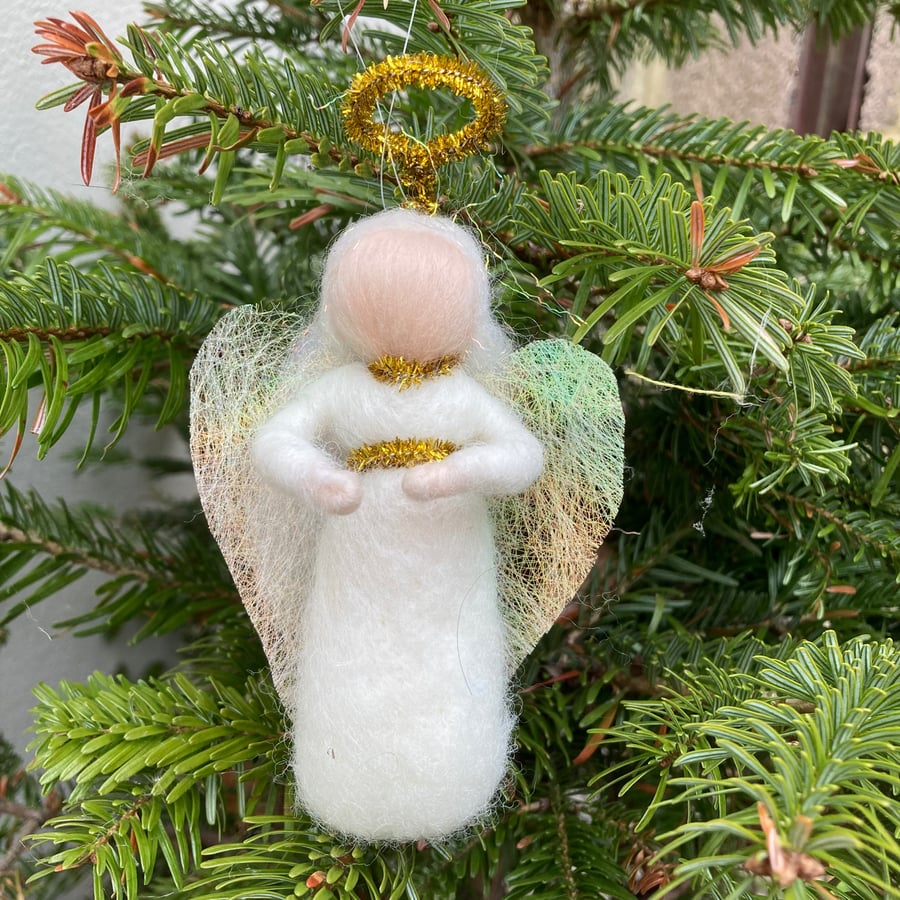 Christmas fairy or angel,  hanging decoration with gold trim, needle felted