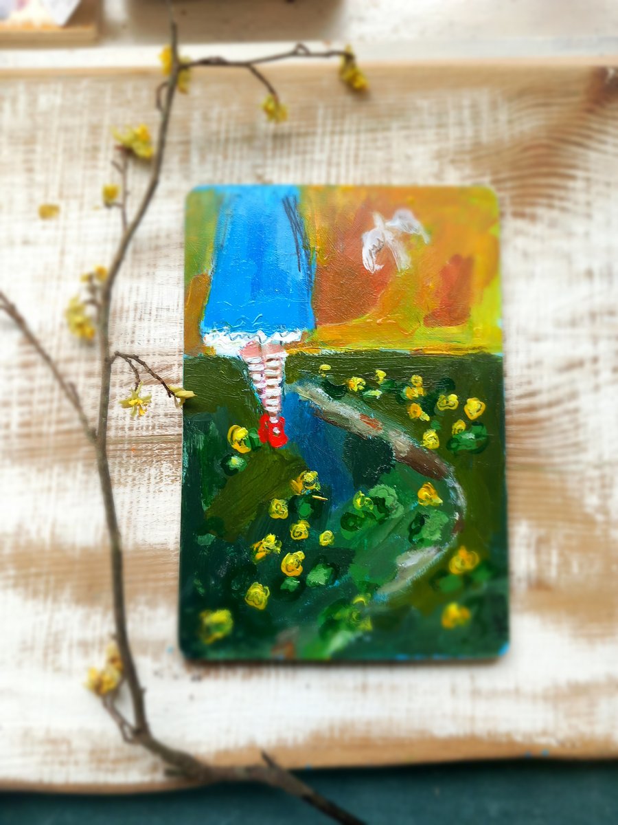 ' The celandine path' small painting on wood