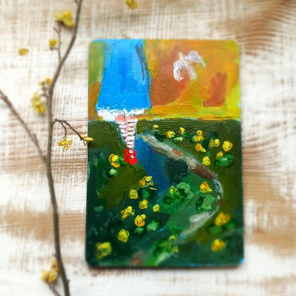 ' The celandine path' small painting on wood