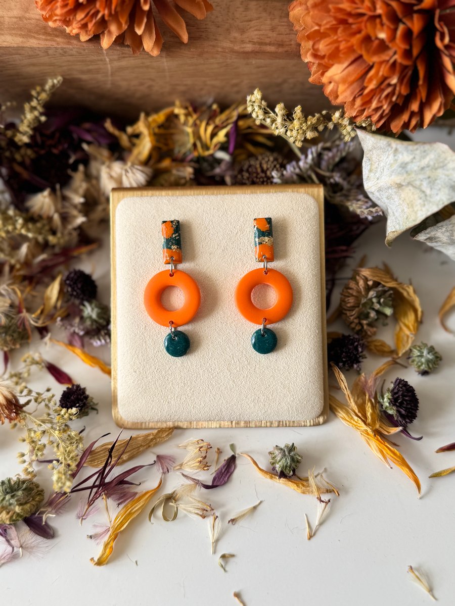 Teal and Orange -Three Tier Drop Earrings 