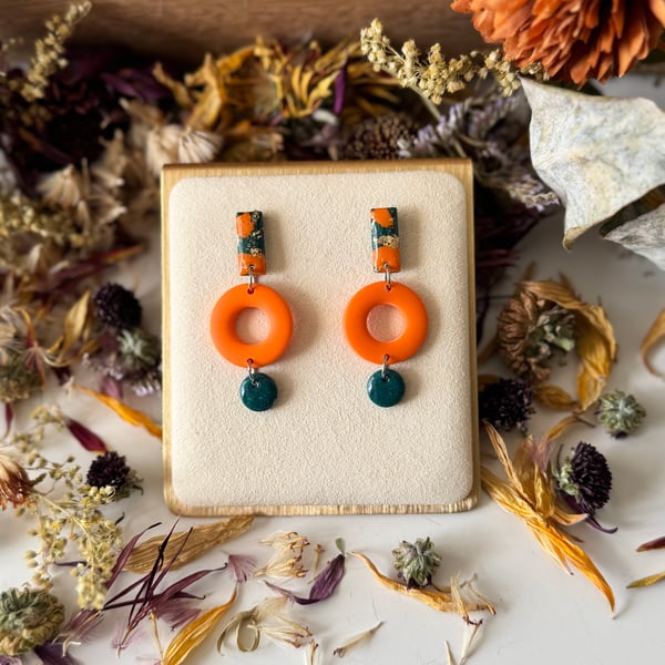 Teal and Orange -Three Tier Drop Earrings 