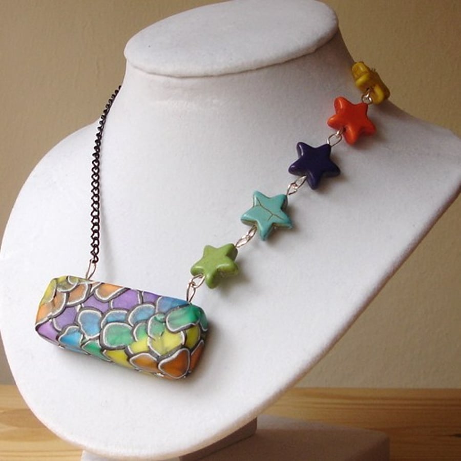 Rainbow Spots and Howlite Stars Polymer Clay Pendant