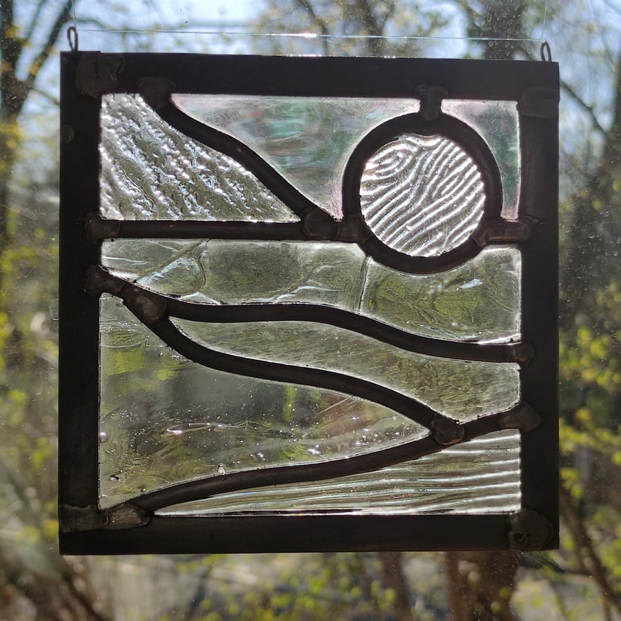 SOLD Clear textured stained glass landscape leaded hanging panel.