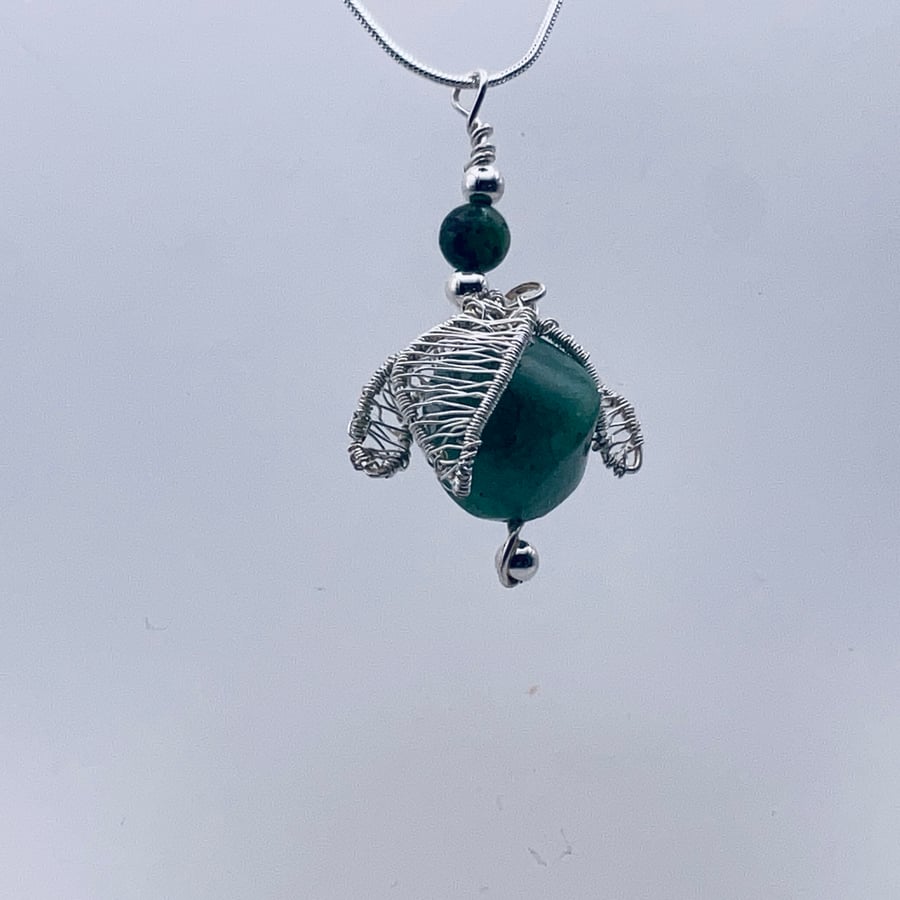 Summer themed green aventurine cumquat style silver wire woven pendant