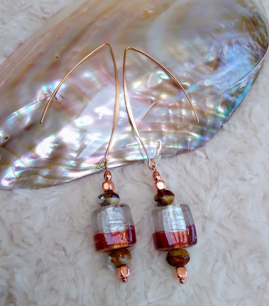 Stylish LAMPWORK glass beaded earrings on rose-gold large earwires
